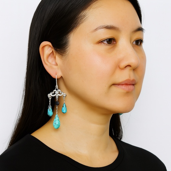 ARTISAN 925 Sterling Silver Turquoise Beaded Chandelier Drop Tassel Earrings - Picture 1 of 10